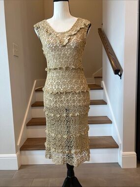 Crocheted Midi Dress in Light Gold